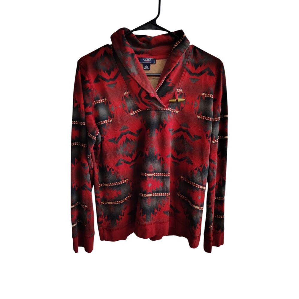 Chaps Denim Southwestern Aztec Shawl Neck Toggle Sweater Pullover Red | Size L